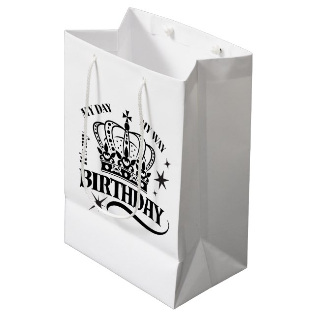 Minimal Black Crown Birthday Typography White Medium Gift Bag (Front Angled)