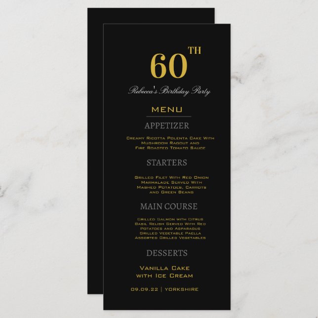 Minimal Black & Gold 60th Birthday Party Custom   Menu (Front/Back)