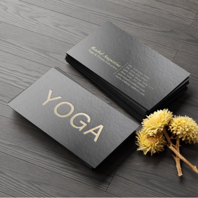 Minimal Black & Gold Embossed Text Yoga Instructor Business Card (Creator Uploaded)