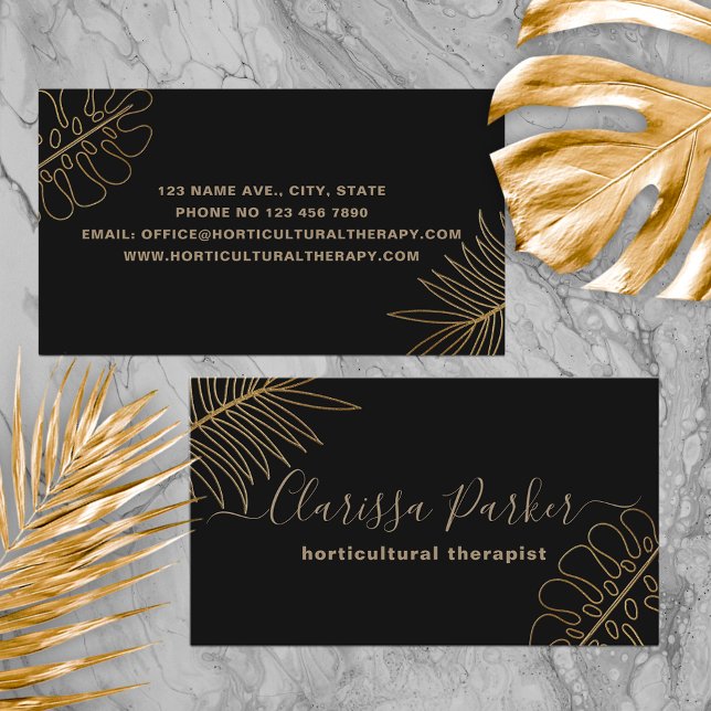 Minimal Black Gold Glitter Tropical Exotic Foliage Business Card (Creator Uploaded)