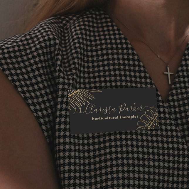 Minimal Black Gold Glitter Tropical Exotic Foliage Name Tag (Creator Uploaded)