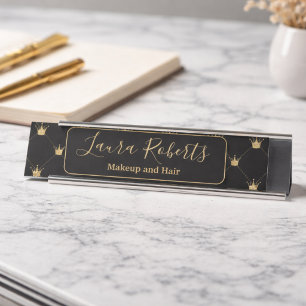 Minimal Black Gold Luxury Crown Pattern Desk Name Plate