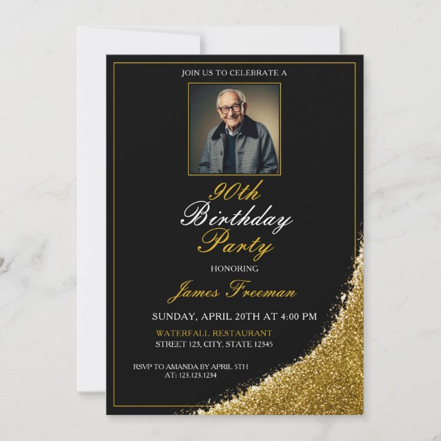 Minimal Black & Gold Photo 90th Birthday Invitation (Front)