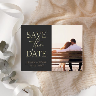 Minimal Black Gold Photo Wedding Save the Date Foil Holiday Postcard
