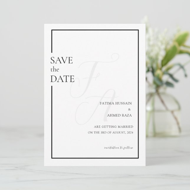 Minimal Black Initial Muslim Wedding Save The Date (Standing Front)