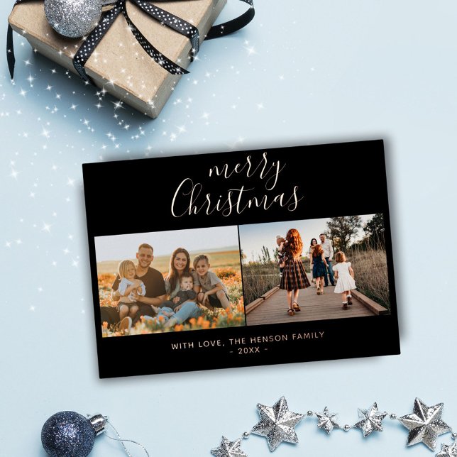 Minimal Black Merry Christmas Script Family Photo  Foil Holiday Card (Creator Uploaded)