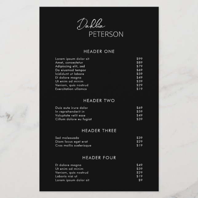 Minimal Black Modern Business Price List (Front)