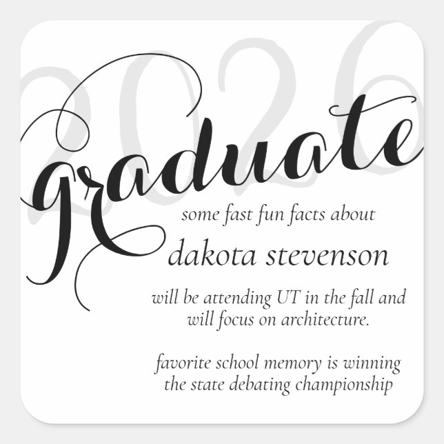 Minimal Black Modern Script Graduation Fun Facts Square Sticker (Front)
