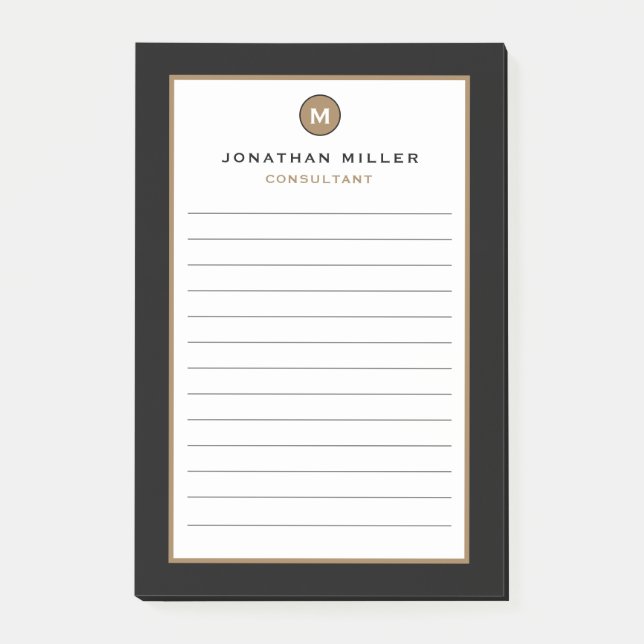 Minimal Black Monogram Lined Post-it Notes (Front)