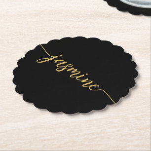 Minimal Black Monogram Name Script Signature Paper Coaster