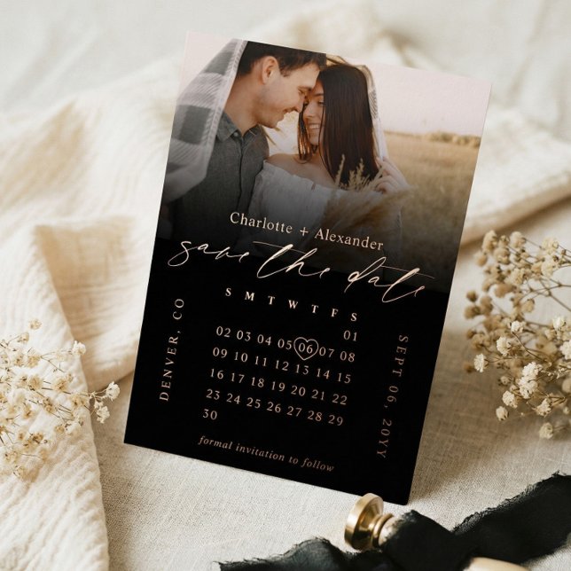 Minimal Black Photo Calendar Wedding Save the Date (Minimal Black Photo Calendar Wedding Save the Date Foil Invitation)
