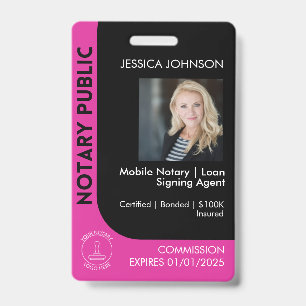 Minimal Black & Pink Notary Logo Photo QR Badge ID Badge