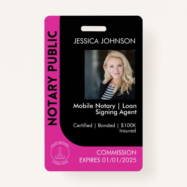 Minimal Black & Pink Notary Logo Photo QR Badge ID Badge (Front)