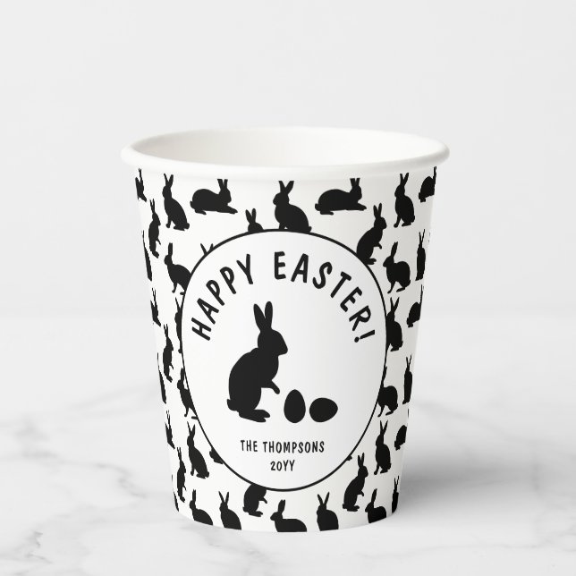 Minimal Black Rabbit Pattern Modern Happy Easter Paper Cups (Front)