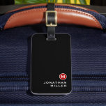 Minimal Black Red Classic Monogrammed Luggage Tag<br><div class="desc">Modern luggage tag design features a red monogram medallion on a black background,  with your monogram initial and name in white a simple stylish professional look.</div>