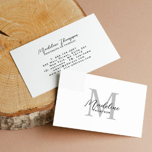 Minimal Black Script Modern White Grey Monogram Business Card