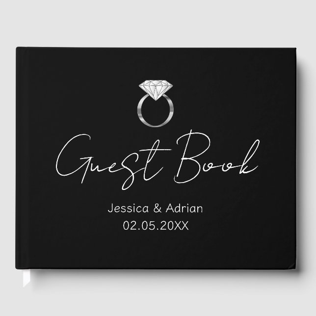 Minimal Black Silver Diamond Ring Wedding Guest Book (Front)