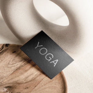 Minimal Black Silver Embossed Text Yoga Instructor Business Card