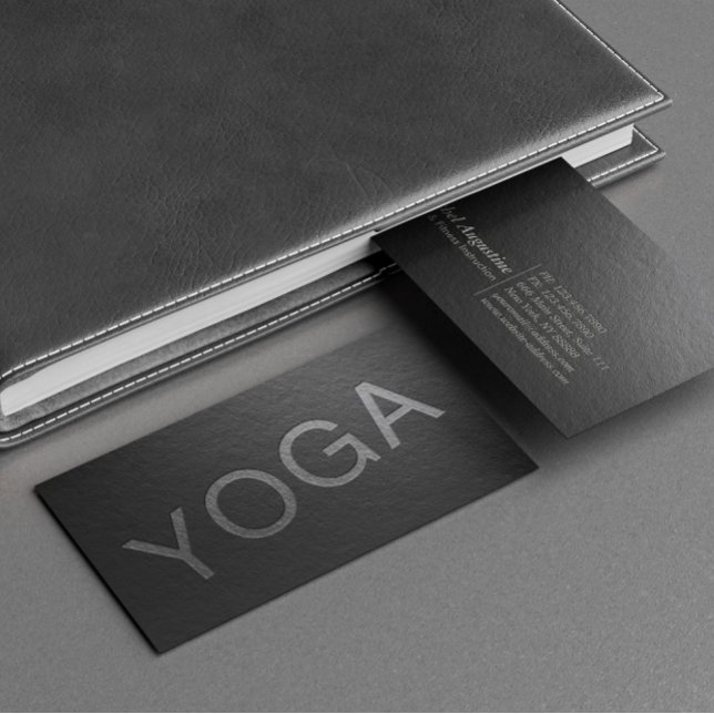 Minimal Black Silver Embossed Text Yoga Instructor Business Card (Creator Uploaded)