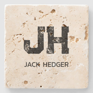 MINIMAL BLACK TWO LETTER MONOGRAM NAME TRAVERTINE STONE COASTER