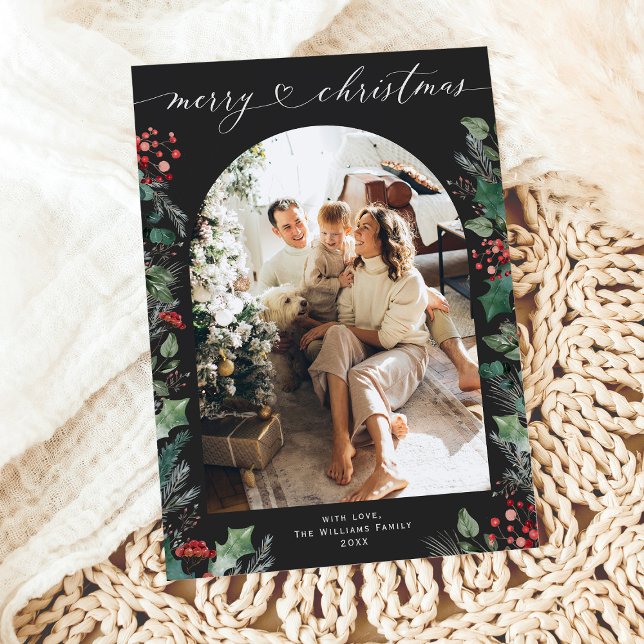 Minimal Black White 1 Photo Arch Christmas Card (Creator Uploaded)