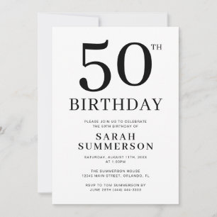 Minimal Black White 50th Birthday Party Invitation