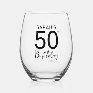 Minimal Black White 50th Birthday Party Stemless Wine Glass