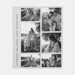 Minimal Black & White 6 Photo Collage Family Names Fleece Blanket