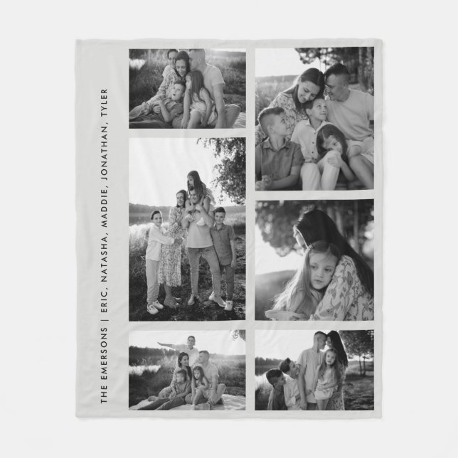 Minimal Black & White 6 Photo Collage Family Names Fleece Blanket (Front)