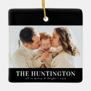 Minimal Black White Bold Monogram Christmas Photo Ceramic Ornament
