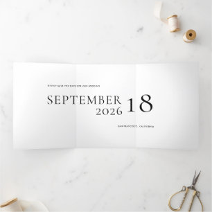 Minimal Black White Bold Text Wedding Save Date Tri-Fold Invitation