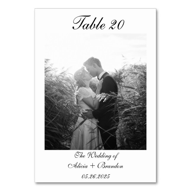 Minimal Black White Calligraphy Script Photo  Table Number (Front)