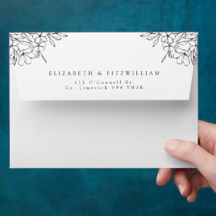 Minimal Black White Cherry Blossom Border Wedding Envelope
