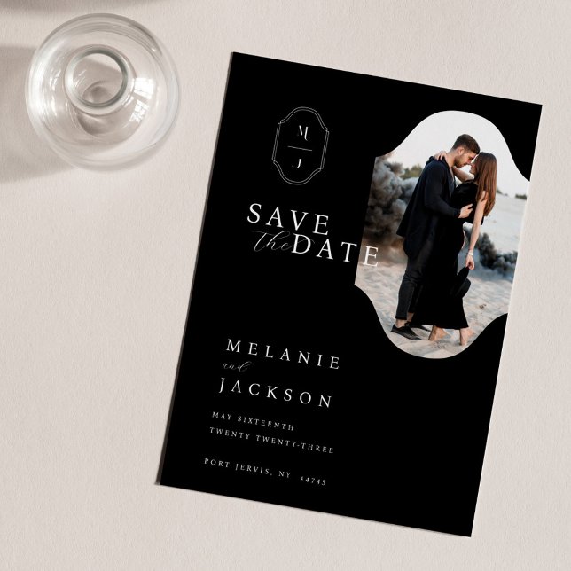 Minimal Black & White Custom Monogram Crest Photo Save The Date (Creator Uploaded)