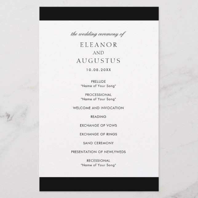 Minimal Black White Elegant Budget Wedding Program Flyer (Front)