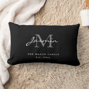 Minimal Black White Family Monogram Elegant Lumbar Cushion