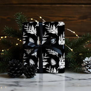 Minimal Black & White Festive Cedar Leaf Pinecone Wrapping Paper