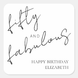 Minimal Black White Fifty and Fabulous Birthday Square Sticker