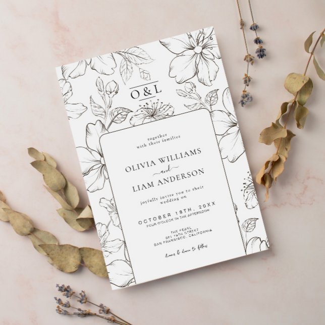 Minimal Black & White Floral Chic Monogram Wedding Invitation (Creator Uploaded)