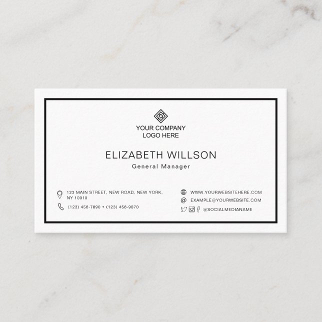 Minimal Black & White Frame Business Logo QR Code Business Card (Front)