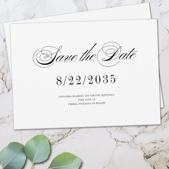 Minimal Black White Fun Romantic Script Wedding Save The Date (Minimal modern Save the Date flat card with a vintage flair)