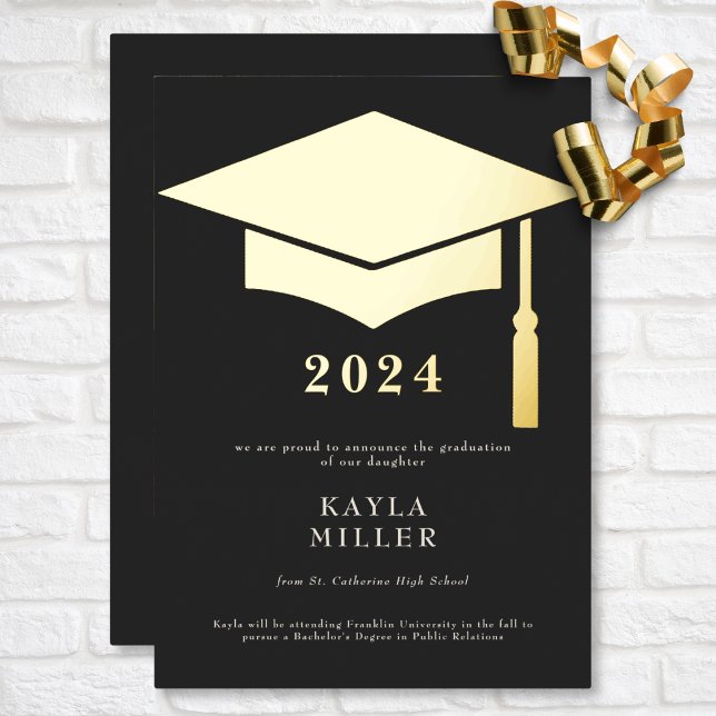 Minimal Black & White Gold Cap Grad Announcement (Minimal Black & White Gold Cap Graduation Foil Invitation)