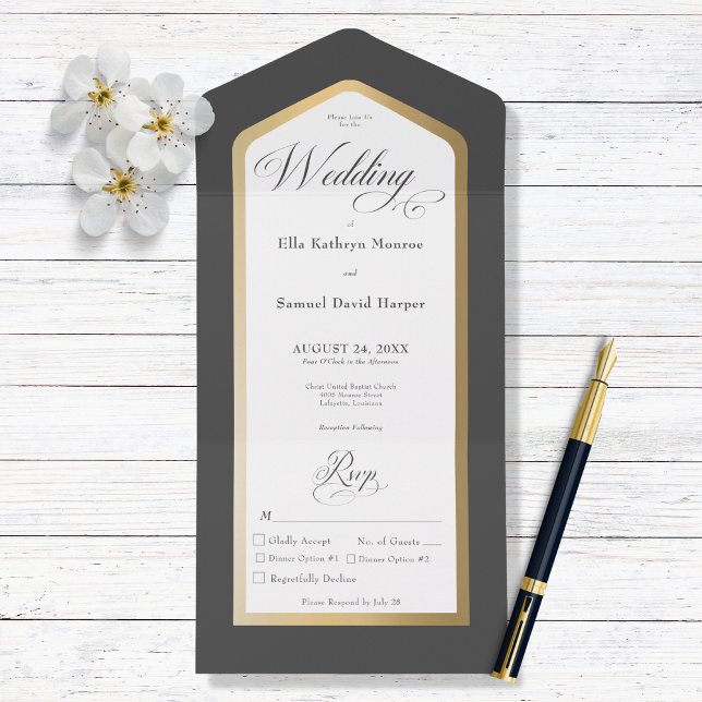 Minimal Black & White Gold Modern Dinner All In One Invitation (Creator Uploaded)