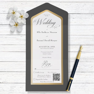 Minimal Black & White Gold Modern QR Code All In One Invitation