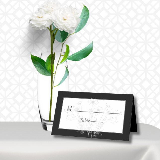 Minimal Black White Grey Wildflower Wedding Place Card (Creator Uploaded)