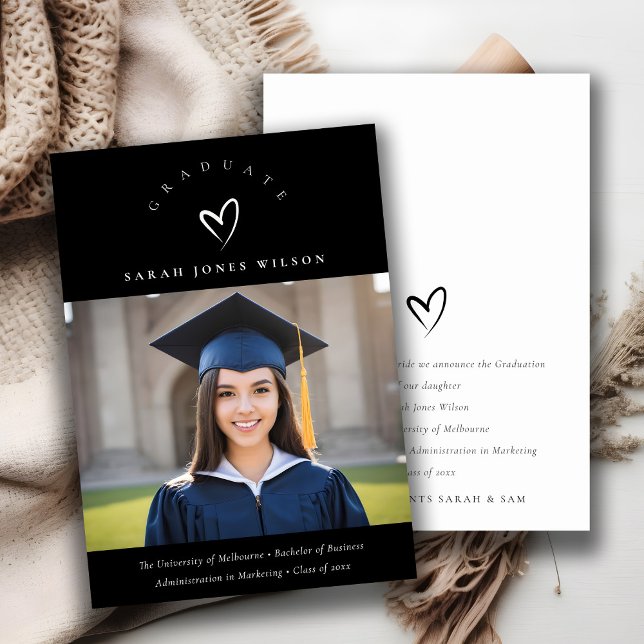 Minimal Black & White Heart Photo Graduation Hat  Announcement (Creator Uploaded)
