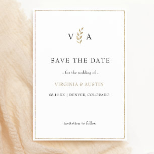 Minimal Black White   Leaf Gold Border Wedding  Save The Date