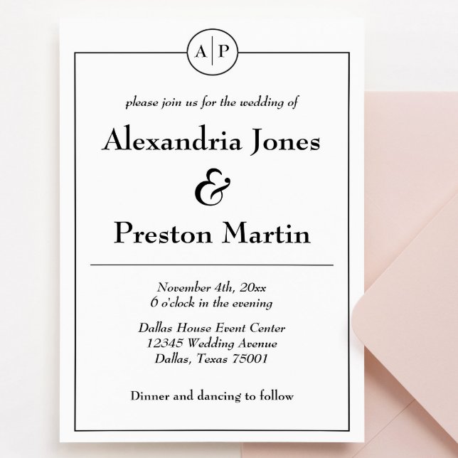Minimal Black & White Monogram Wedding Invitation (simple minimalist wedding invitation with black and white text and couple's initial monogram)
