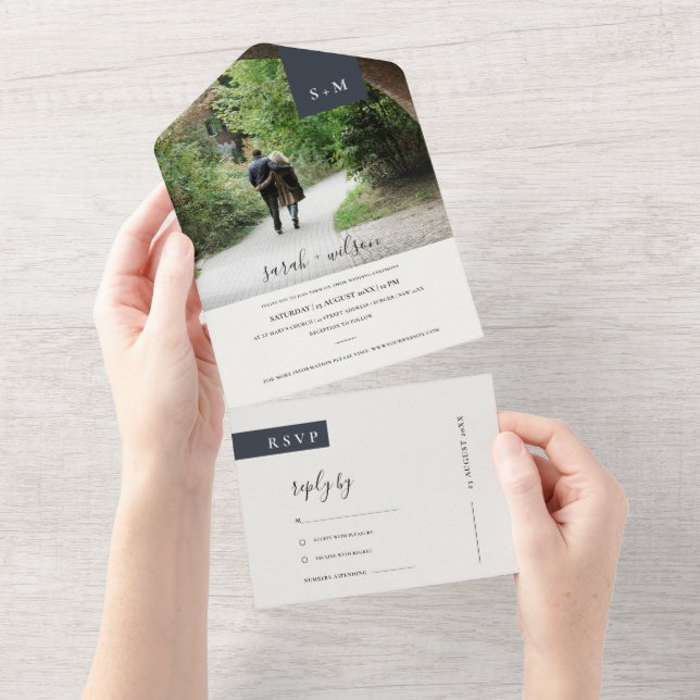 MINIMAL BLACK WHITE MONOGRAM WEDDING PHOTO  ALL IN ONE INVITATION (Tearaway)