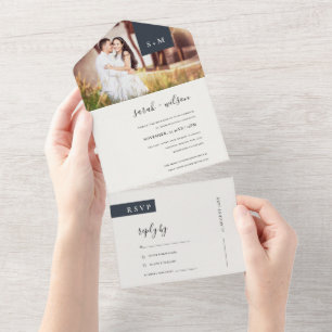 MINIMAL BLACK WHITE MONOGRAM WEDDING PHOTO ALL IN ONE INVITATION